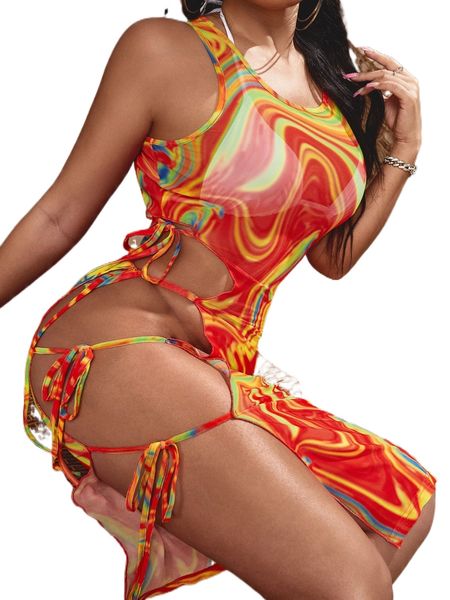 

allover print tie side cover up u0ny#, White;black