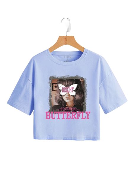 

slogan and figure graphic drop shoulder crop tee 82ew#, White