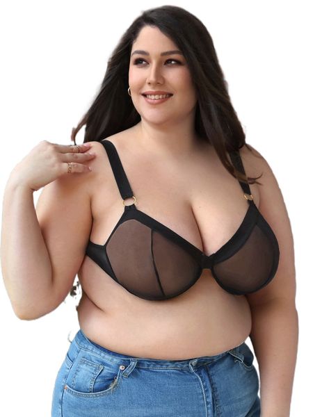 

plus contrast mesh ring detail underwire bra o7lg#, Black;white