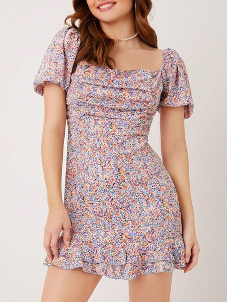 

puff sleeve ruched front layered ruffle hem ditsy floral dress 96yr#, Black;gray