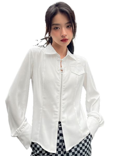 

dazy frog button flap detail zip up split hem blouse d9re#, White