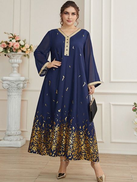 

plus random gold floral print contrast tape tunic dress 22wg#, Black