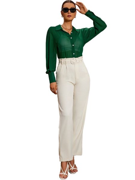 

solid belted straight leg pants i3zo#, Black;white
