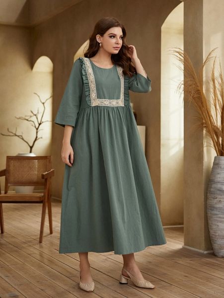 

contrast lace ruffle trim smock dress w6mp#, Black;gray