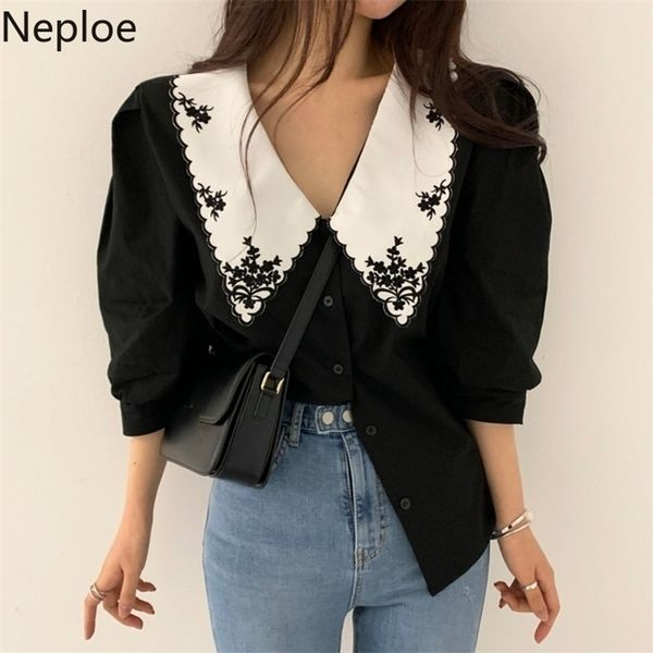 

neploe blusas mujer de moda floral embroidery elegant shirts turn down collar puff sleeve blouse korean clothes women 210326, White