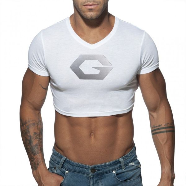 Мужские футболки для бюстгальтеров Мужской уличная одежда модная печать v Шея укороченная футболка для дыхания с коротким рукавом сексуальный топ