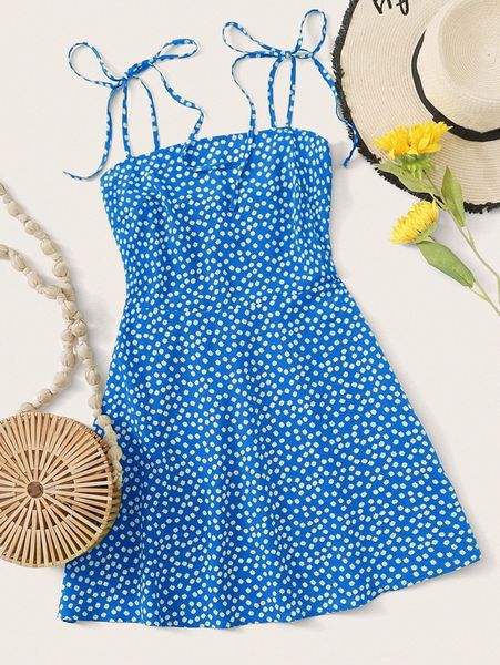 

knot strap shirred back ditsy floral slip dress 83ye#, Black;gray