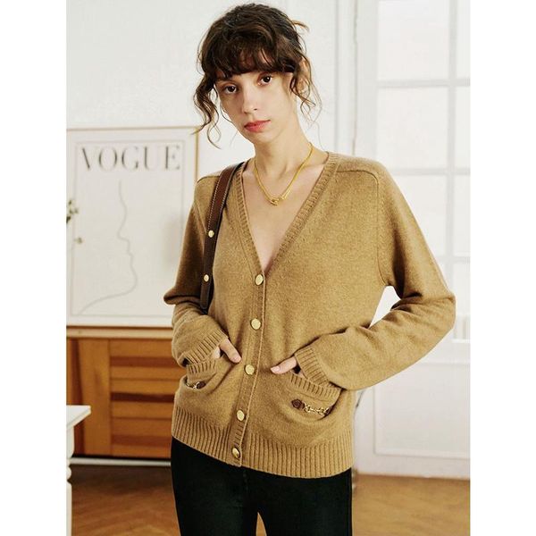 

women's knits & tees cardigan women open stitch cashmere england design deep v neck long sleeve pockets 2 colors coat fash, White