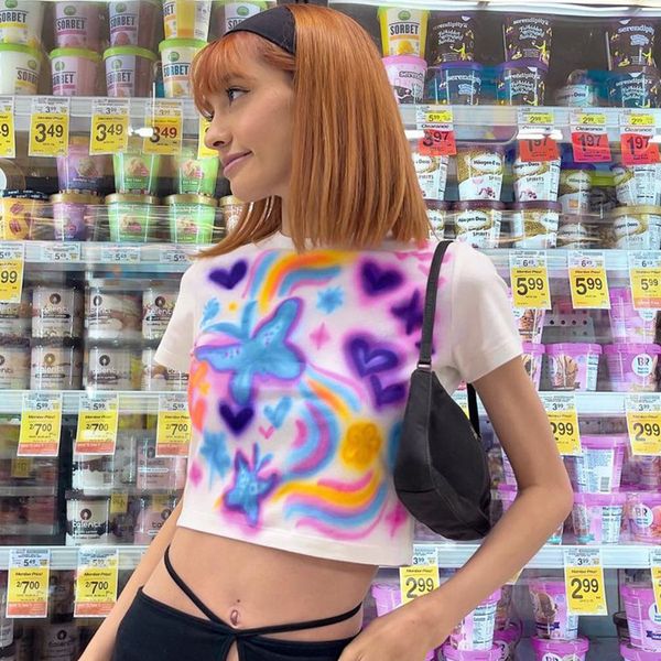 Camiseta feminina Punk Fairy Cute Butterfly Colorful Graphic Printed T-shirt Streetwear dos anos 90 Summer Casual Kawaii Slim Crop Top Branco Baby Tee