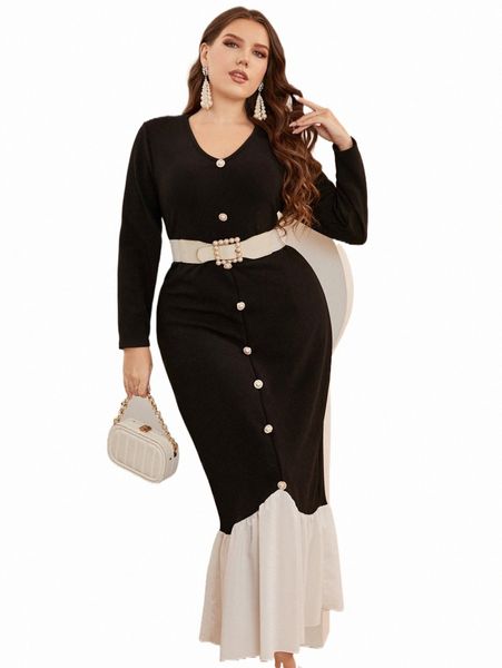 

plus two tone fake button mermaid hem dress without belt h7zu#, Black