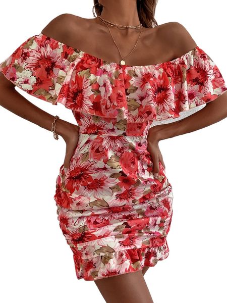

allover floral print off shoulder ruffle trim ruched dress 00vv#, Black;gray