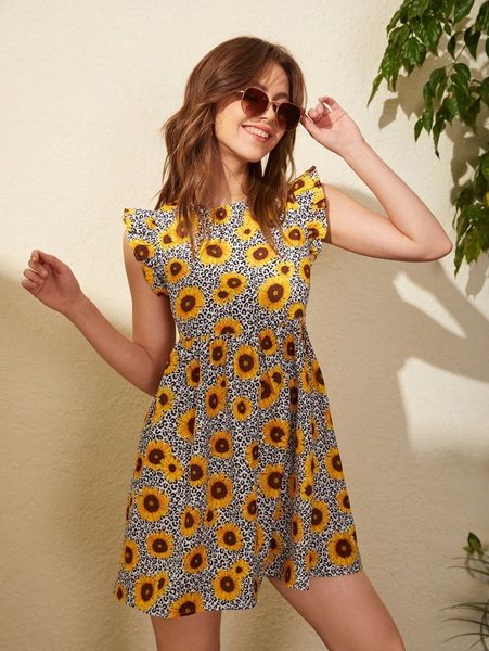 

leopard & sunflower print flutter sleeve dress t3gf#, Black;gray