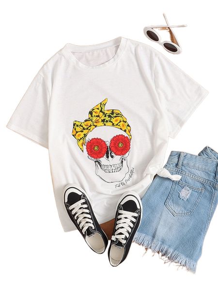 

plus floral & skull print tee y17u#, Black
