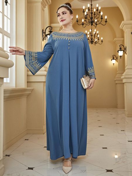 

plus geo embroidered trumpet sleeve fake button dress w5je#, Black