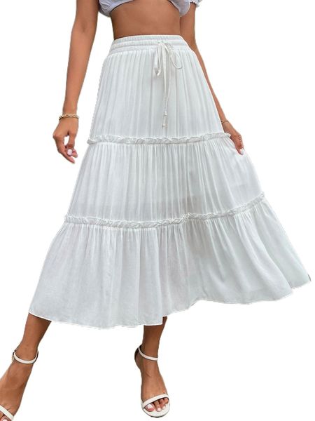

drawstring waist frill trim skirt 48za#, Black