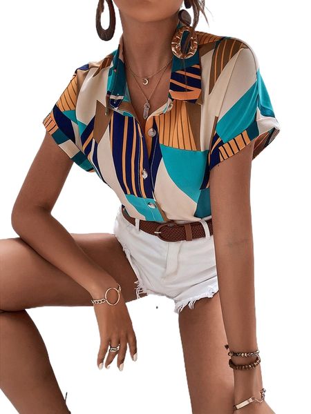 

striped & geo print batwing sleeve blouse n3e7#, White