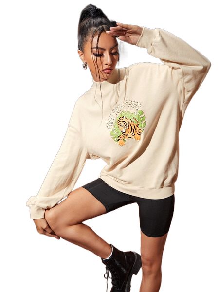 

x atosha tiger & letter graphic mock neck sweatshirt u5sk#, Black