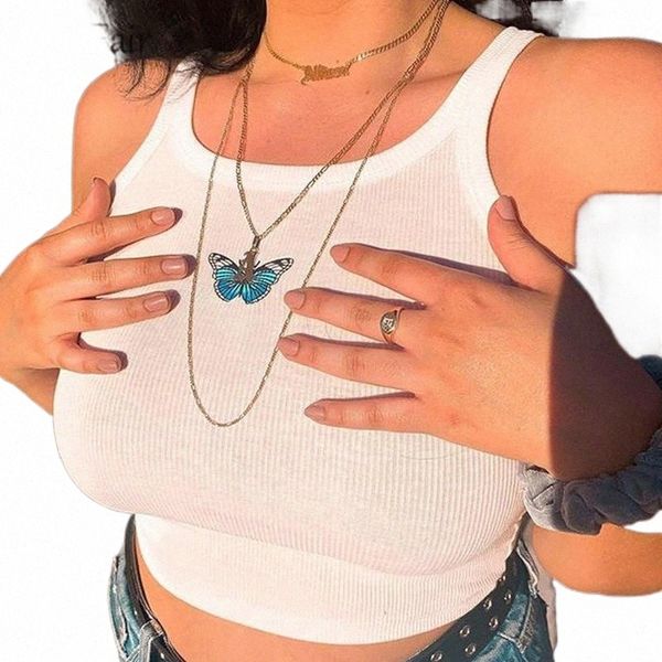

women's tanks & camis nadafair butterfly embroidery ribbed cute crop women summer outfits slim club cropped tank white y9m6#