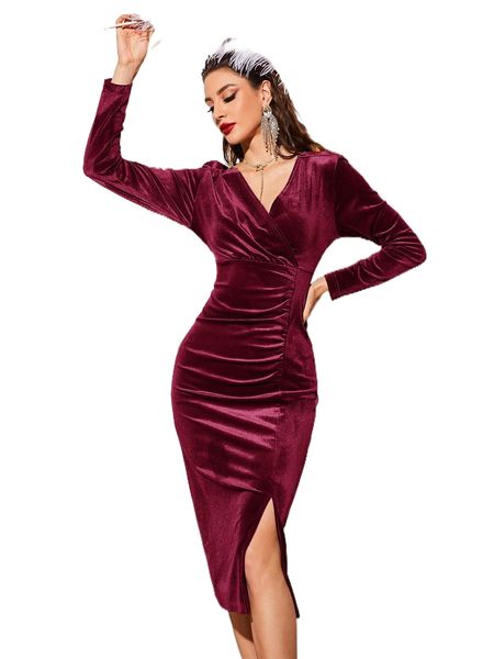 

surplice neck split thigh ruched bodycon velvet dress z7xl#, Black;gray
