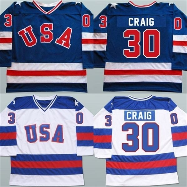 Nik1 Mens 30 Jim Craig Jersey 1980 Miracle On Ice Hockey Maglie 100% ricamo cucito Team USA Hockey Maglie Blu Bianco S-3XL