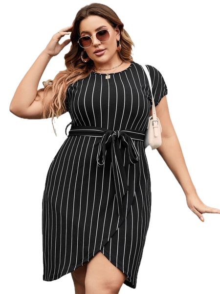 

plus vertical striped batwing sleeve wrap hem belted dress a0ir#, Black