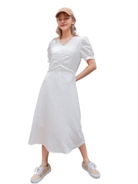 

dazy puff sleeve ruched tie back dress s7ho#, Black;gray