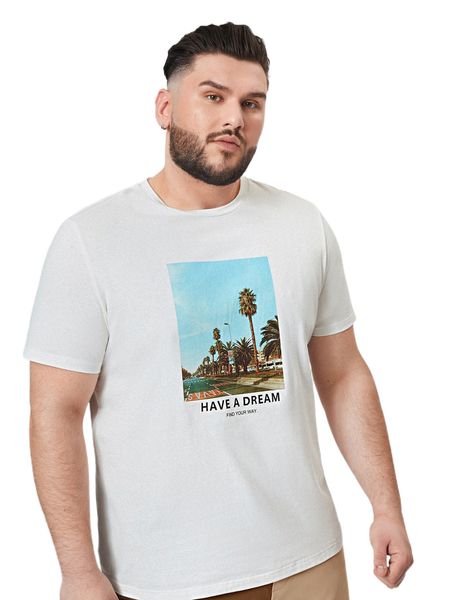 

extended sizes men slogan & palm tree print tee f9se#, White;black