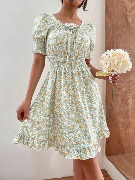 

daisy print shirred waist dress w5f2#, Black;gray