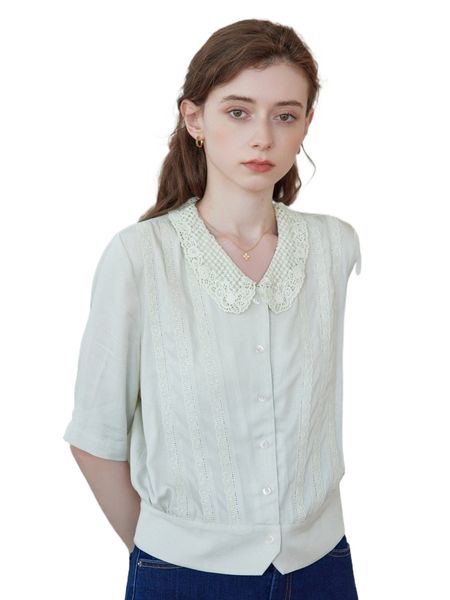

simple retro contrast lace peter-pan collar shirt s9ms#, White