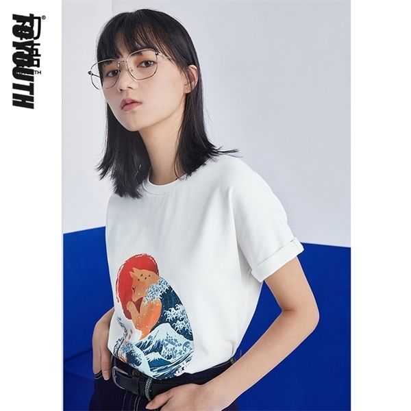 

toyouth women fashiontees summer short sleeve loose japanese illustration printed tshirt embroidery black white leisure 220520