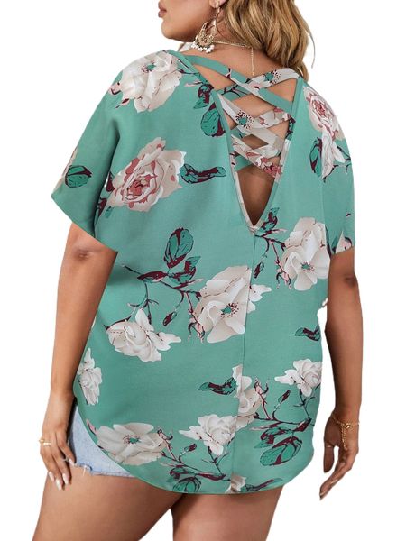 

plus floral print criss cross batwing sleeve blouse d00y#, Black
