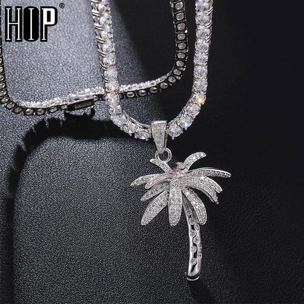 

pendant necklaces hip hop bling iced out micro paved cz palm tree pendants & for men rapper jewelry with tennis chain, Silver