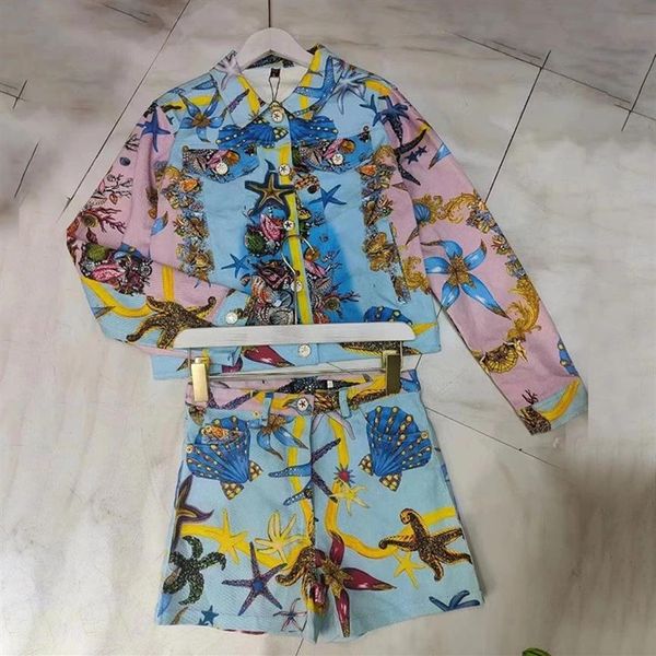 

baroque style starfish printed denim two piece shorts sets234d, White