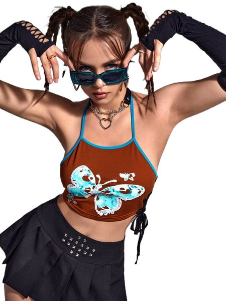 

butterfly print lace up side cami g3o8#, White