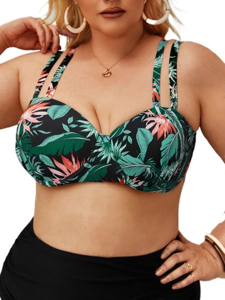 

plus tropical print cut out back push up bikini t2yo#, Black