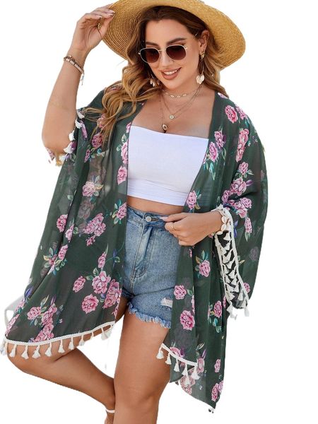 

plus floral print open front tassel decor cover up i9ab#, Black;gray
