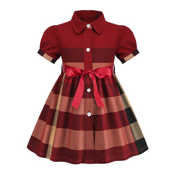 

New Summer Fashion Kids Clothes Girls Casual Dresses Short Sleeve Plaid Cotton Baby Girls Princess Dress 3-7 Years, Red