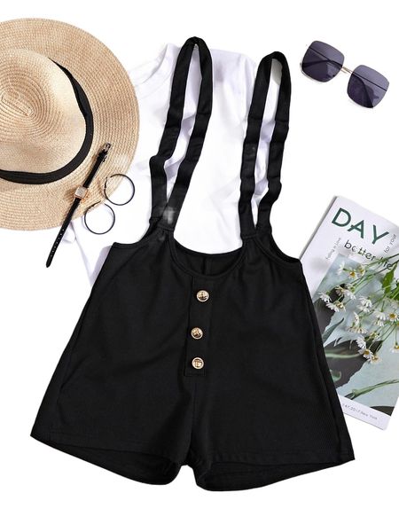 

button detail suspender shorts s42n#, White;black