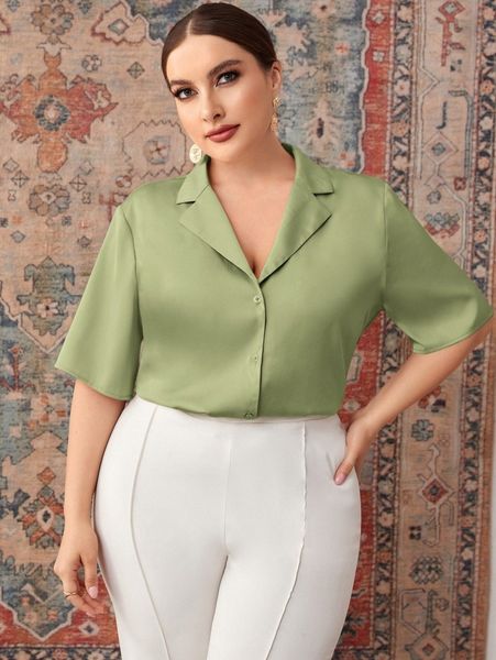 

plus lapel neck button front blouse s7ft#, Black