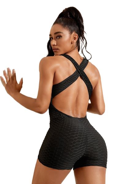 

criss cross backless honeycomb textured sports romper u3zd#, Gray