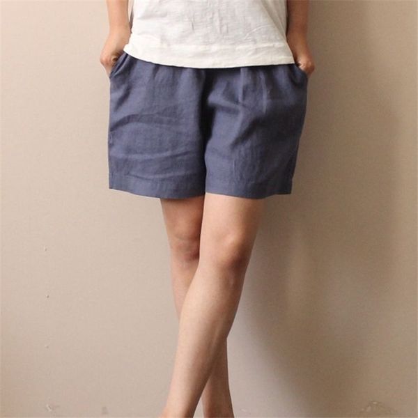 

johnature women shorts 5 colour elastic waist summer casual women shorts pockets loose brief linen y200403, White;black