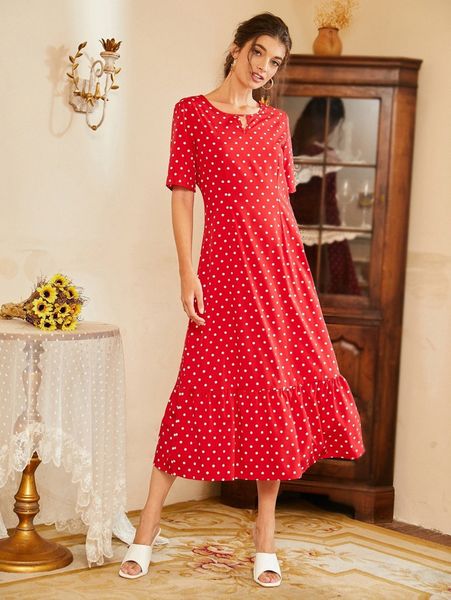 

polka dot ruffle hem smock dress i01h#, Black;gray