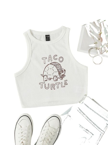 

x carolee karpell cartoon & letter graphic rib knit tank g4af#, White