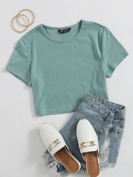 

buttoned rib knit crop tee 927x#, White