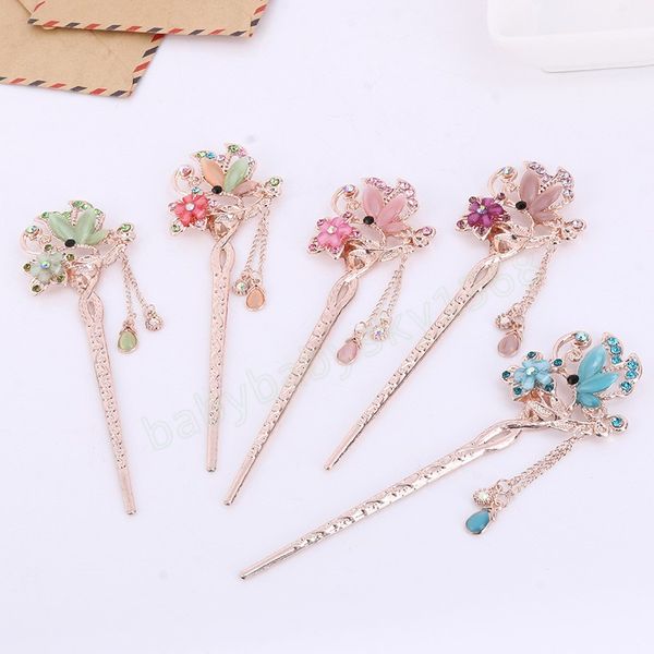

chinese style tassels metal hair sticks hairpin pearl hair pins butterfly flower hairpins wedding party headwear headpiece, Slivery;white