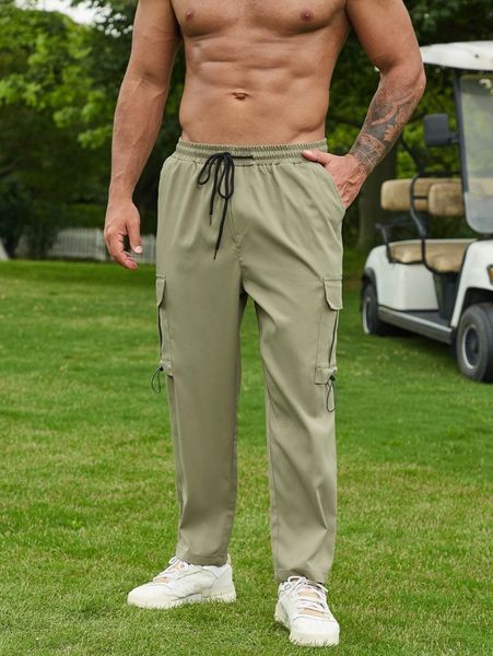 

extended sizes men flap pocket drawstring waist cargo pants d0e9#, Black