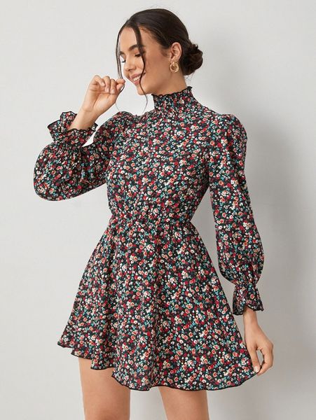 

ditsy floral shirred flounce sleeve dress without belt k5z7#, Black;gray