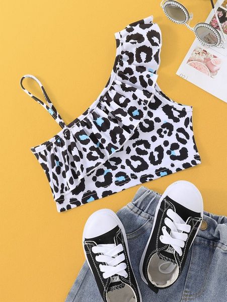 

toddler girls leopard print asymmetrical neck ruffle trim she, Blue