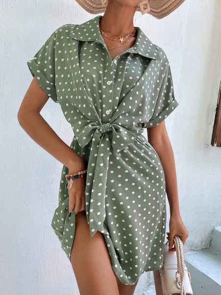 

polka dot batwing sleeve knot front shirt dress p00b#, Black;gray