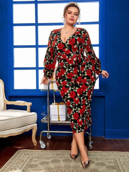 

plus surplice neck floral print belted dress t6gk#, Black